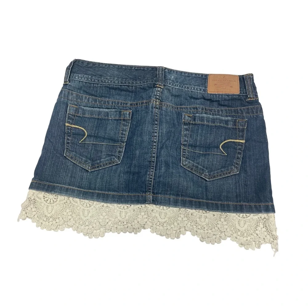 American Eagle Denim Mini Skirt Medium Wash Crochet Lace Trim‎ Boho Low Rise 10